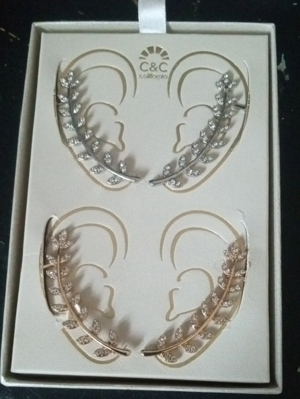 C&C California Crystal Leaf Ear Climber Earrings Set Silver and Gold Tone New - Picture 3 of 10